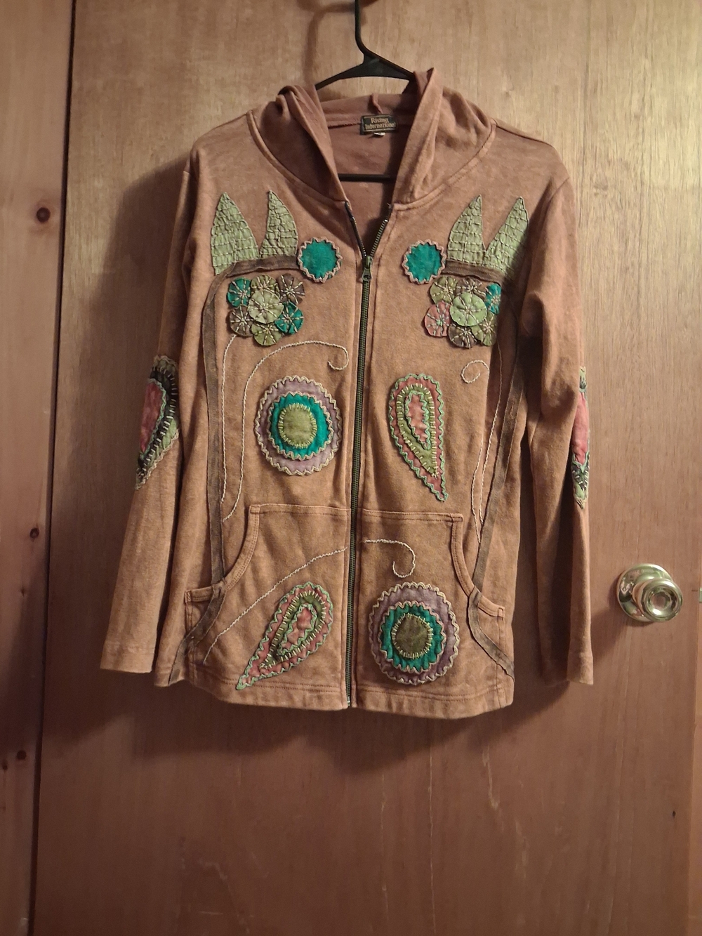 Rising International Tan Embroidered Zip Hoodie with Green & Orange Accents